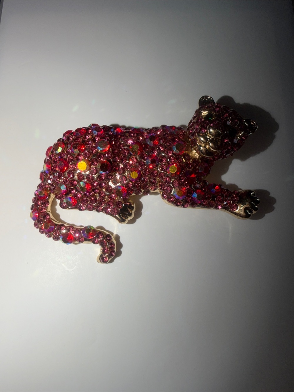 Pink Crystal Leopard Brooch - Rhinestone Animal Pin